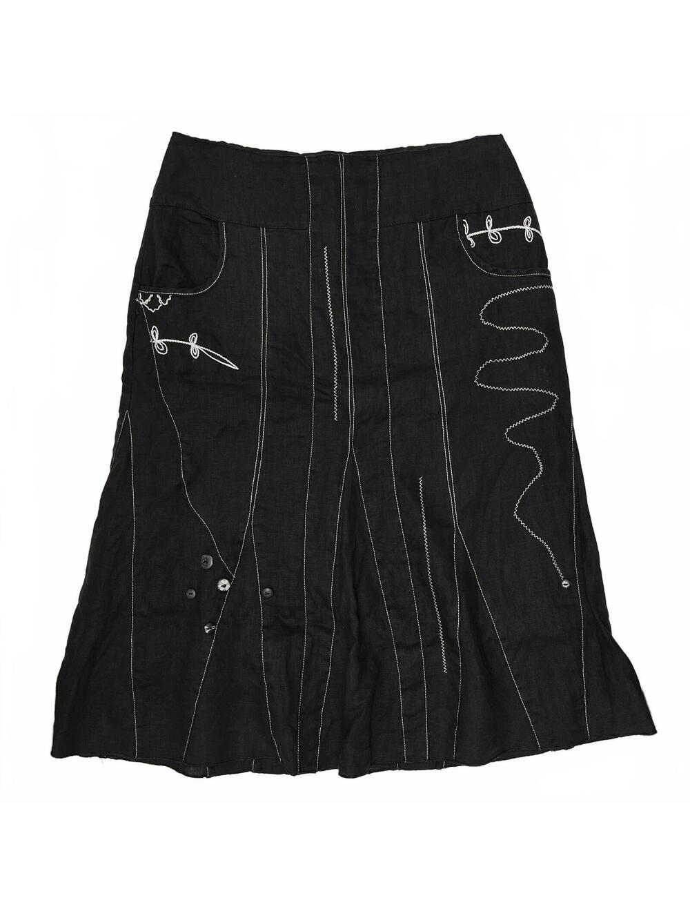 Y2K Alison Sheri Black Linen Midi Skirt White Embroideries & Buttons XS Whimsy